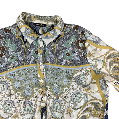 Vintage 90s Y2K Abstract Floral Print White, Teal, Blue, and Beige Shirt Blouse