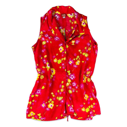 Vintage Y2K Red & Yellow Floral Print Sleeveless Blouse 8 10