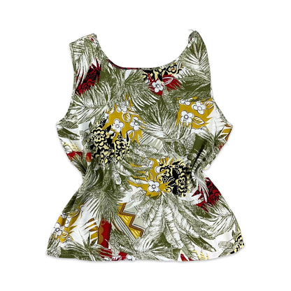 Vintage Green White & Yellow Botanical Print Sleeveless Blouse 10 12
