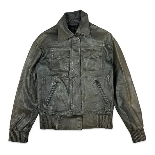 Vintage Grey Leather Bomber Jacket 10