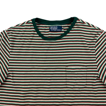Vintage 90s Ralph Lauren Green White & Red Stripe Pocket Tee T-Shirt S M