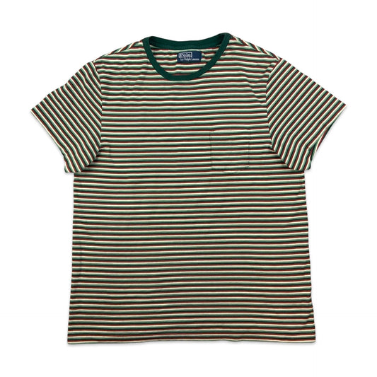 Vintage 90s Ralph Lauren Green White & Red Stripe Pocket Tee T-Shirt S M