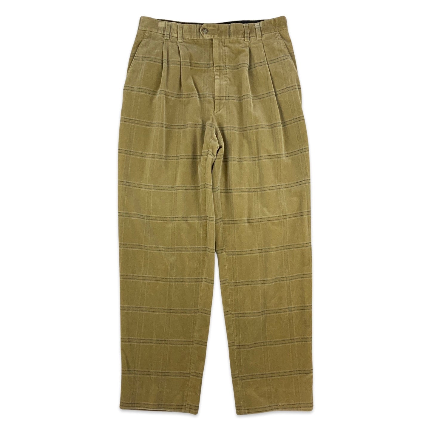 Vintage Beige Checked Velvet Pleated Trousers 33W 31L