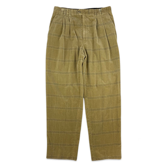 Vintage Beige Checked Velvet Pleated Trousers 33W 31L