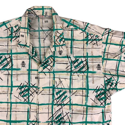 Vintage 80s Abstract Check Pattern Green and Beige Shirt XL XXL