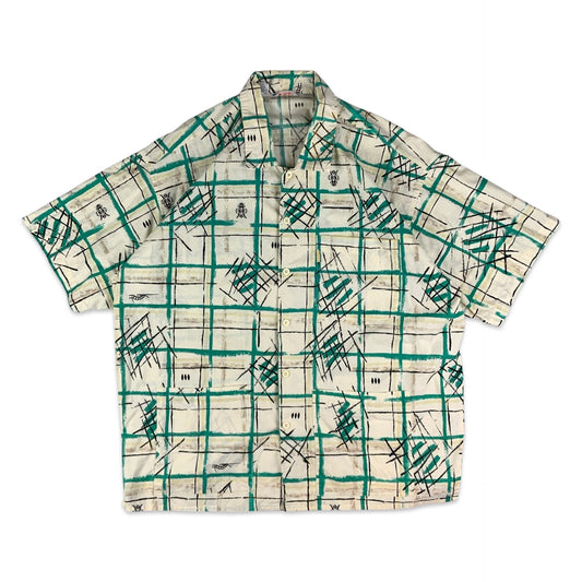 Vintage 80s Abstract Check Pattern Green and Beige Shirt XL XXL