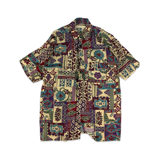 Vintage Red Purple Blue & Beige Abstract Pattern Shirt M L