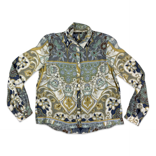 Vintage 90s Y2K Abstract Floral Print White, Teal, Blue, and Beige Shirt Blouse
