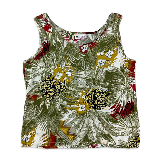 Vintage Green White & Yellow Botanical Print Sleeveless Blouse 10 12