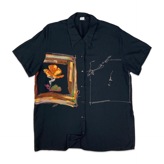Vintage 80s 90s Black Graphic Print Shirt Blouse 12 14 16