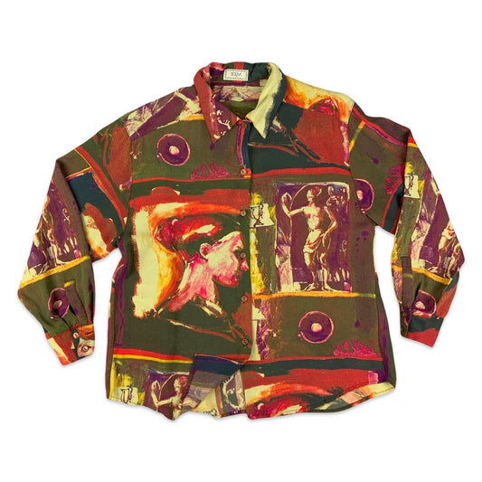 Vintage 80s 90s Abstract Print Red and Brown Shirt Blouse 12 14
