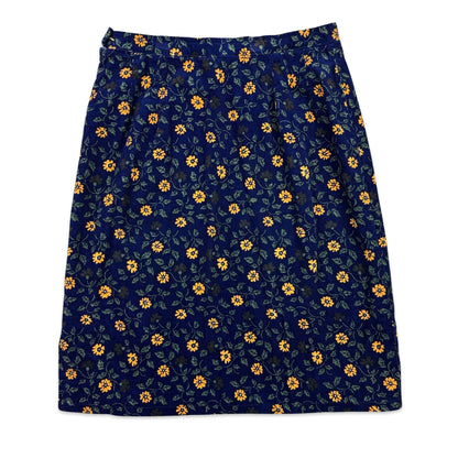 80s Vintage Blue Cord Floral Patterned Skirt 14