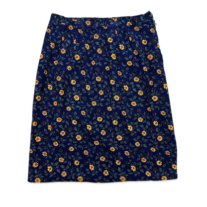 80s Vintage Blue Cord Floral Patterned Skirt 14