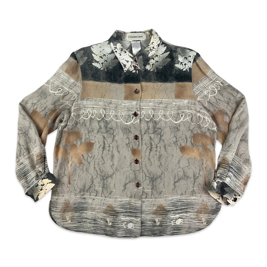 Vintage 90s Y2K Abstract Print Grey, Black, and Beige Shirt Blouse 14 16
