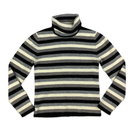 Vintage 90s Striped Black Grey & White Ribbed Knit Turtleneck 4 6 8 10