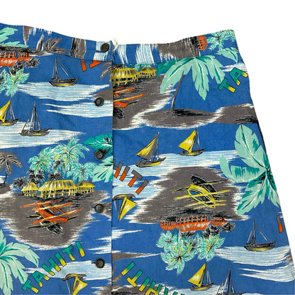 Vintage "Tahiti" Tropical Print Button-up A-line Midi Skirt 18