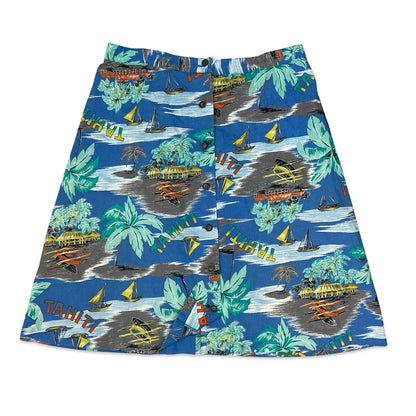 Vintage "Tahiti" Tropical Print Button-up A-line Midi Skirt 18