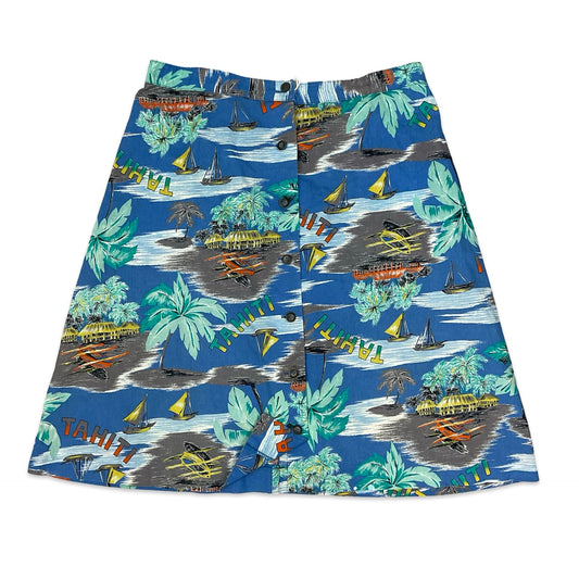 Vintage "Tahiti" Tropical Print Button-up A-line Midi Skirt 18