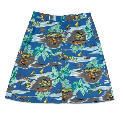 Vintage "Tahiti" Tropical Print Button-up A-line Midi Skirt 18