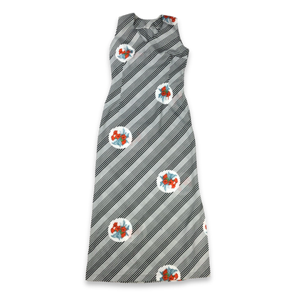Vintage 70s Maxi Dress Black and White Striped Floral Print 10