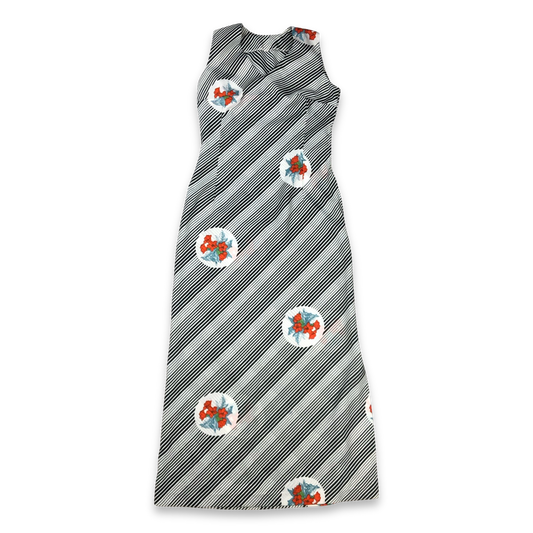 Vintage 70s Maxi Dress Black and White Striped Floral Print 10