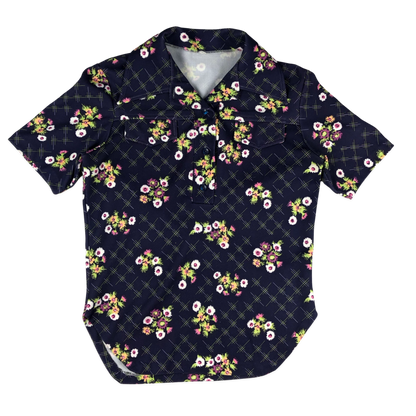 Vintage 70s Navy Floral Pattern Blouse 10