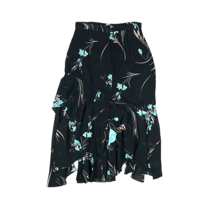 Vintage 90s Y2K Floral Print Black Asymmetric Hem Midi Skirt 10