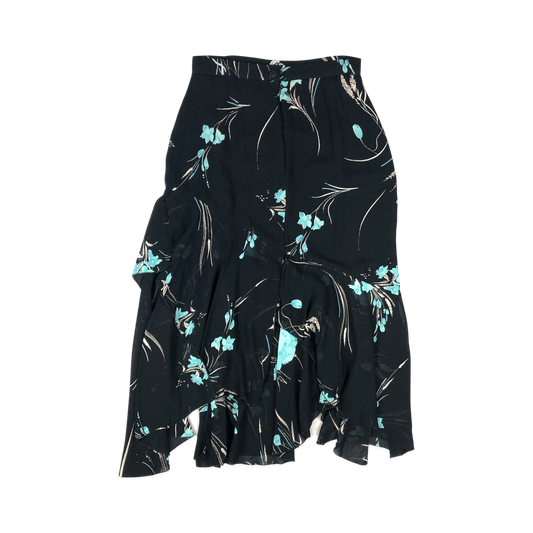 Vintage 90s Y2K Floral Print Black Asymmetric Hem Midi Skirt 10