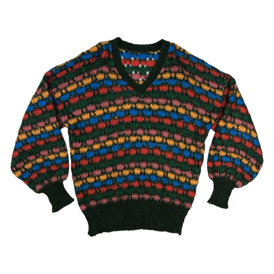 Vintage 80s Multicolour Open Weave Knit V-neck Jumper 3XL