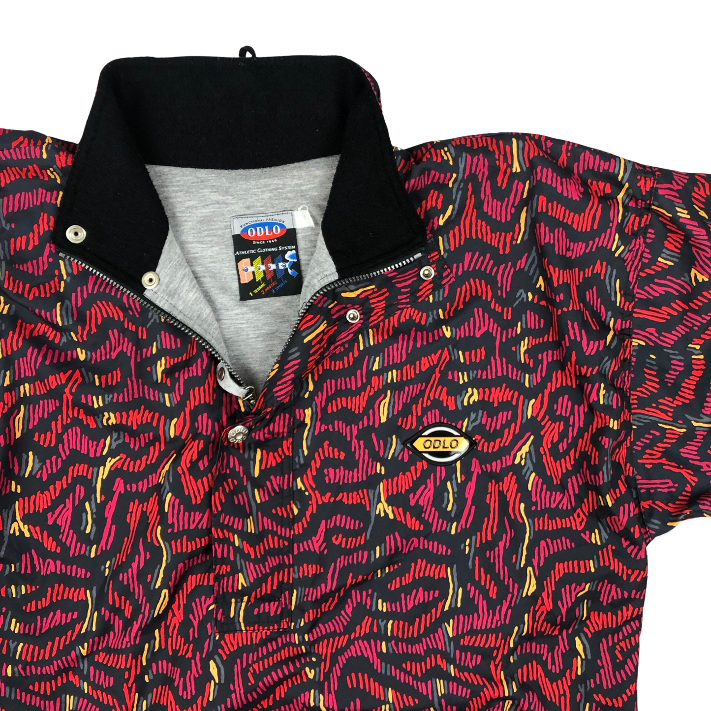 Vintage 80s 90s Crazy Pattern Black & Red Pullover Windbreaker Jacket