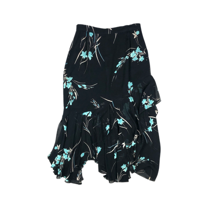 Vintage 90s Y2K Floral Print Black Asymmetric Hem Midi Skirt 10