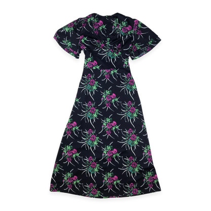 Vintage 60s 70s Black Floral Print A-line Dress 12