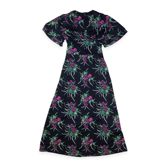 Vintage 60s 70s Black Floral Print A-line Dress 12