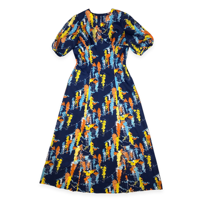 Vintage 70s Blue Abstract Print A-line Maxi Dress 12
