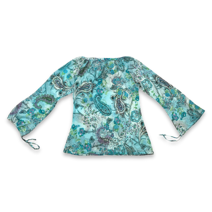 Vintage Y2K Turquoise Paisley Print Long Sleeve Mesh Top 10 12