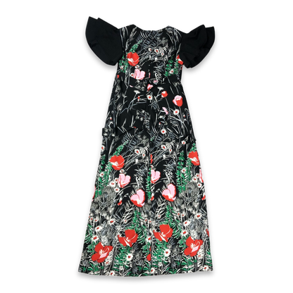 Vintage 70s Floral Daisy and Poppy Print Black Maxi Dress 10