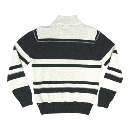 Vintage Chaps White, Navy, and Green Striped Knit 1/4 Button Turtleneck Jumper M