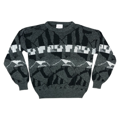 Vintage 80s Abstract Grey Patterned Knit Jumper L