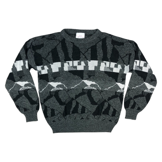 Vintage 80s Abstract Grey Patterned Knit Jumper L