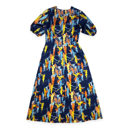 Vintage 70s Blue Abstract Print A-line Maxi Dress 12