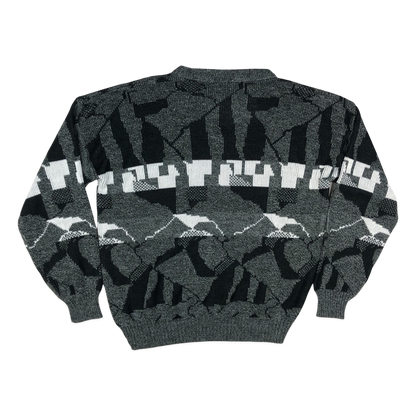 Vintage 80s Abstract Grey Patterned Knit Jumper L