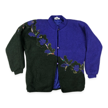 Vintage 80s Purple Black Oversized Cardigan 14 16 18 20