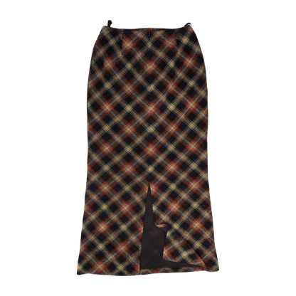 Vintage Brown, Yellow, and Blue Plaid Velvet Pencil Skirt 4 6