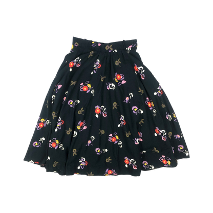 Vintage 70s 80s Black Floral Print Gathered Skirt 8