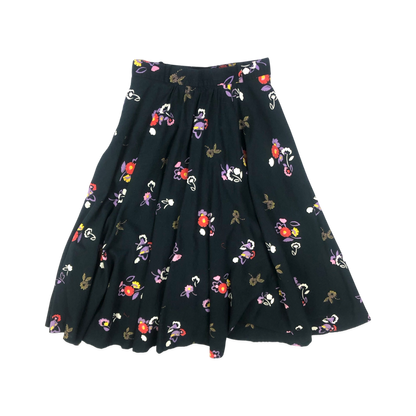 Vintage 70s 80s Black Floral Print Gathered Skirt 8