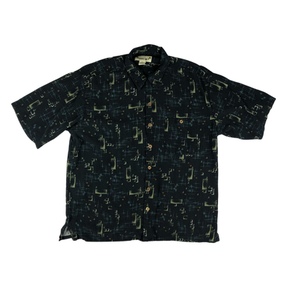 Vintage Black Abstract Print Silk Hawaiian Shirt XXL