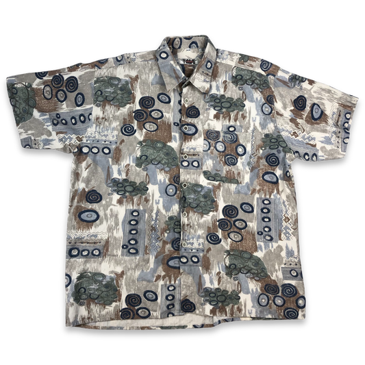 Vintage Abstract Crazy Pattern Printed Linen Short Sleeved Shirt 3XL