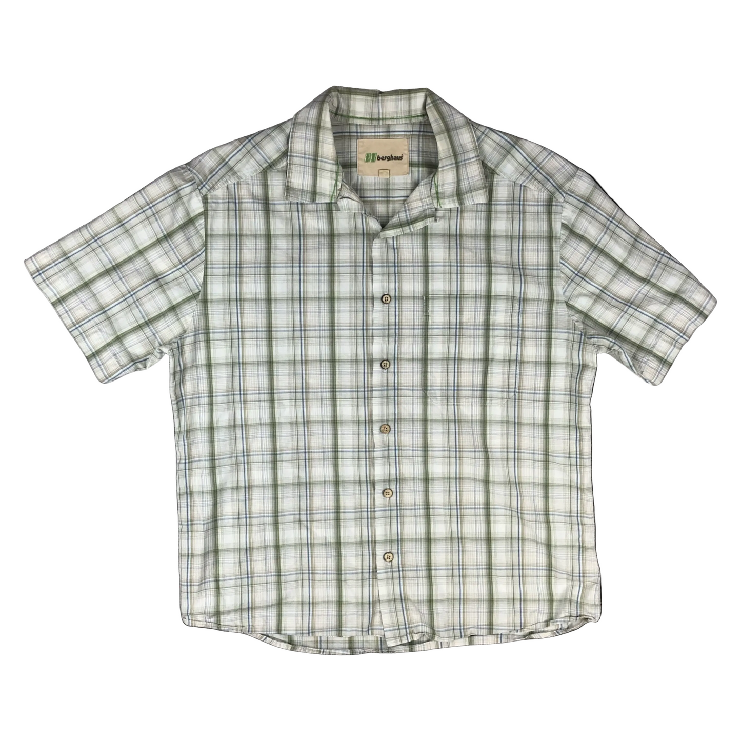 Berghaus White Green Blue Brown Checked Plaid Casual Short Sleeve Shirt Large