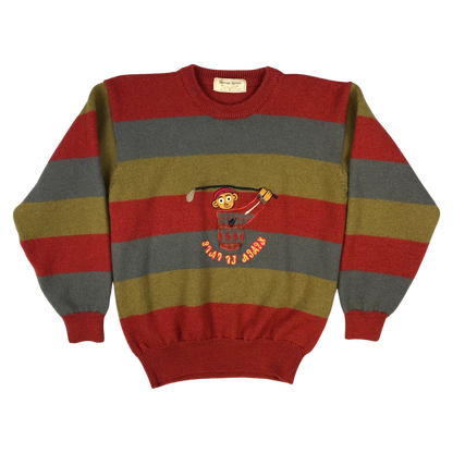 Vintage 80s Striped Orange, Green, and Grey Knit Jumper M