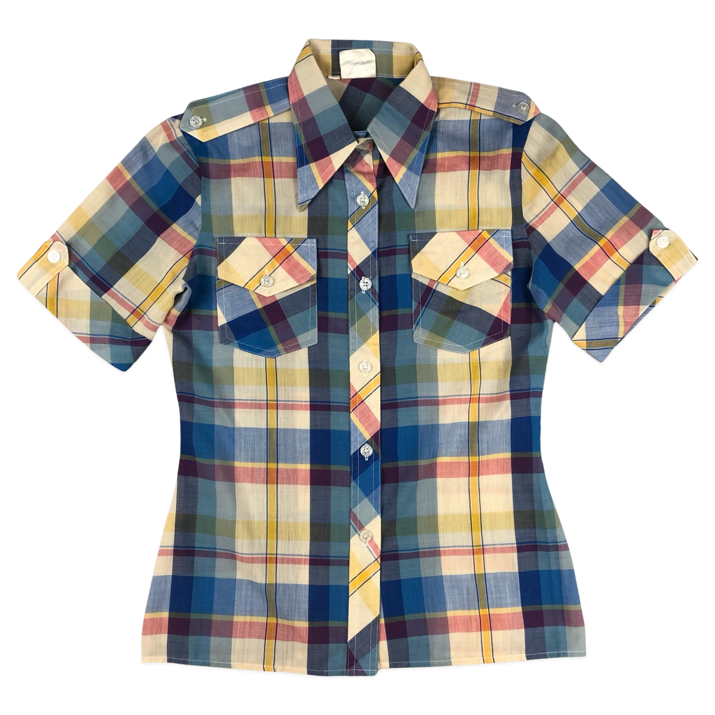 Vintage 70s Blue Red and Yellow Plaid Blouse 8